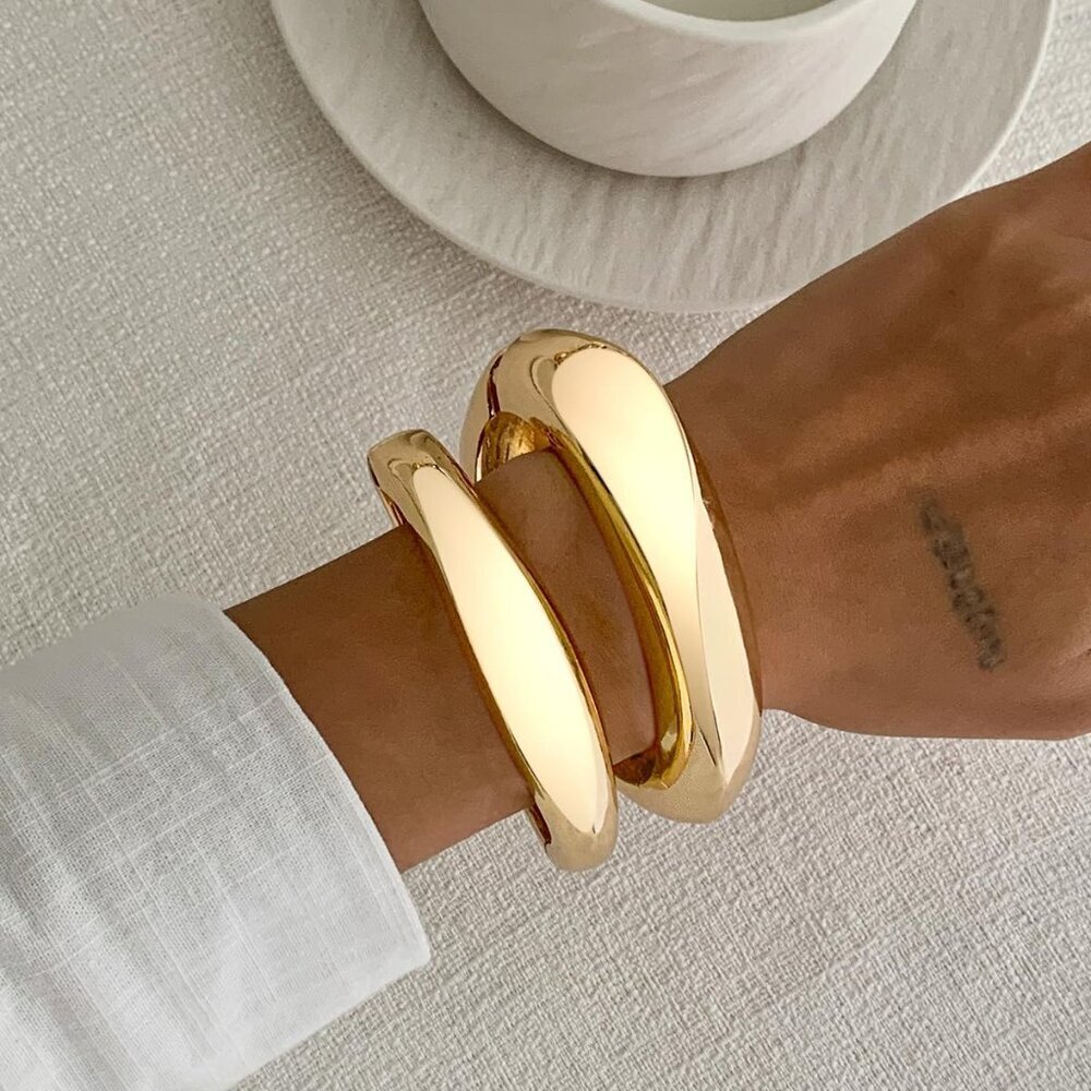 Gold Bangle Set Stackable Chunky Open Cuff Jewelr… - image 4